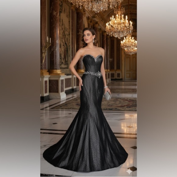 Stunning Gunmetal Gray Gown Embellished: Terani Mermaid Dress, Size 2 - Picture 1 of 17